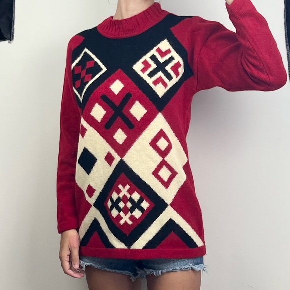 David Jones 100% Lambswool Knit Sweater Jumper Red Argyle Vintage Style L/XL - Picture 3 of 12